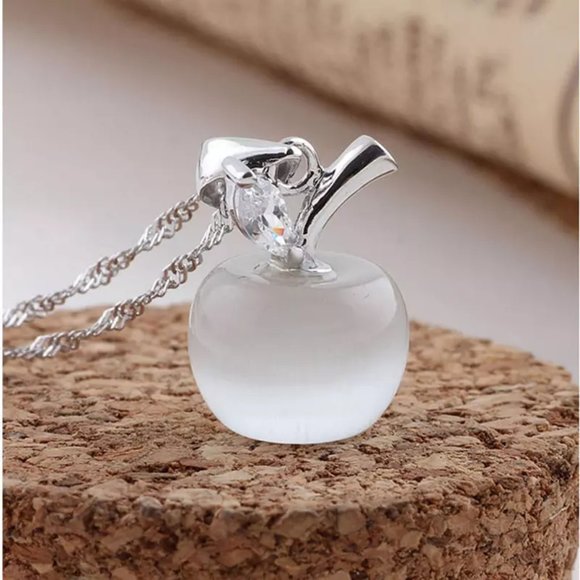 Jewelry - Small Apple Opalite Pendant with Austrian Crystal - 925 Sterling Silver Chain